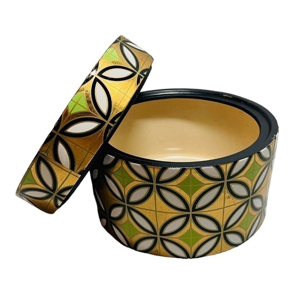 Rare Large Pot Gold Green Black Geometric Pattern Ceramic Jar Canister with Lid - Picture 1 of 7